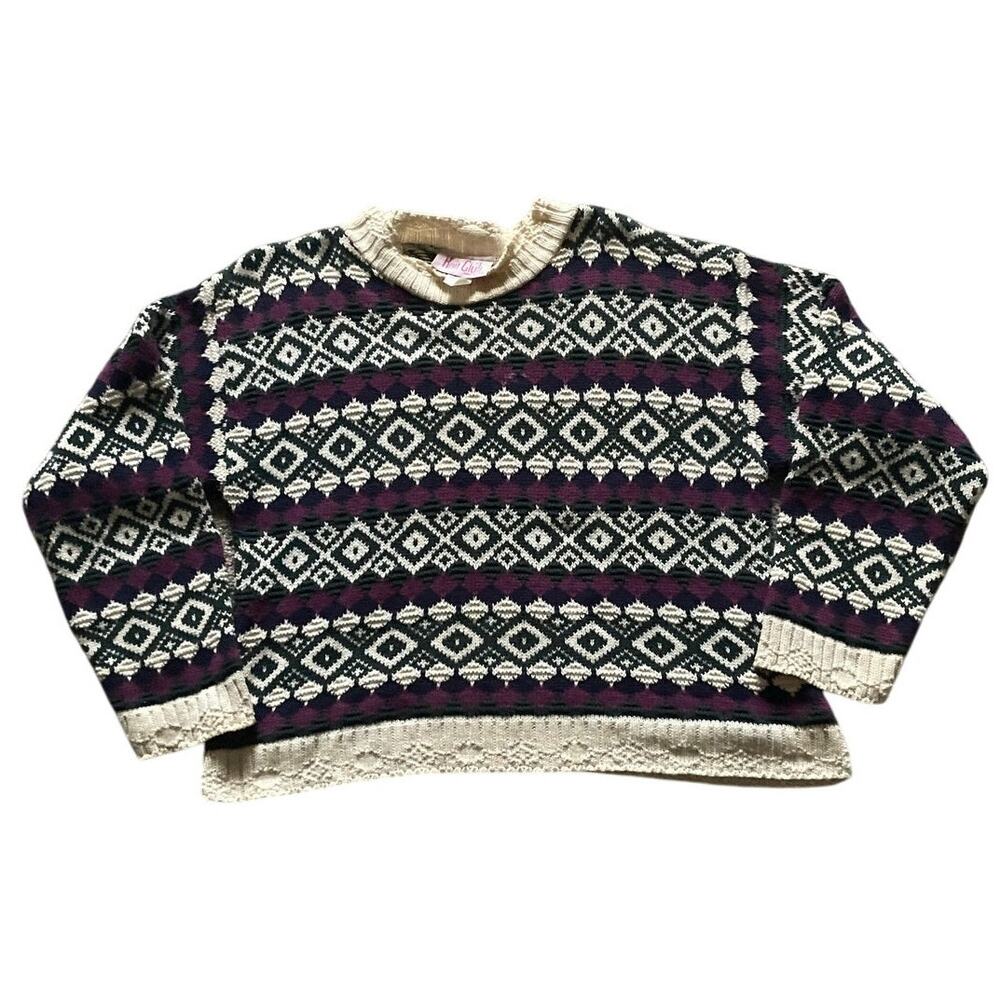 Vintage Knit Club Fair Isles Geometric Crop Sweater Sz Large Vintage 90s Cotton